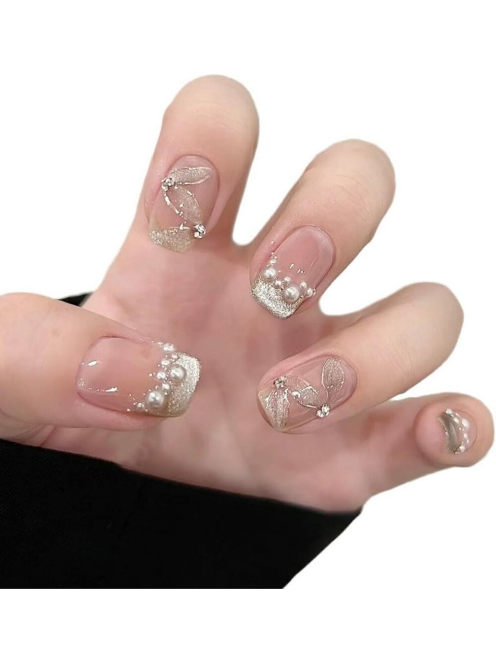 Short Square Press-On Nails with Cat Eye Design, Glitter Ombre French Tips - 10